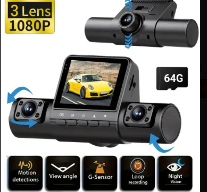 🚗 Triple Cámara HD para Máxima Cobertura 170° – Frontal + Trasera + Izquierda