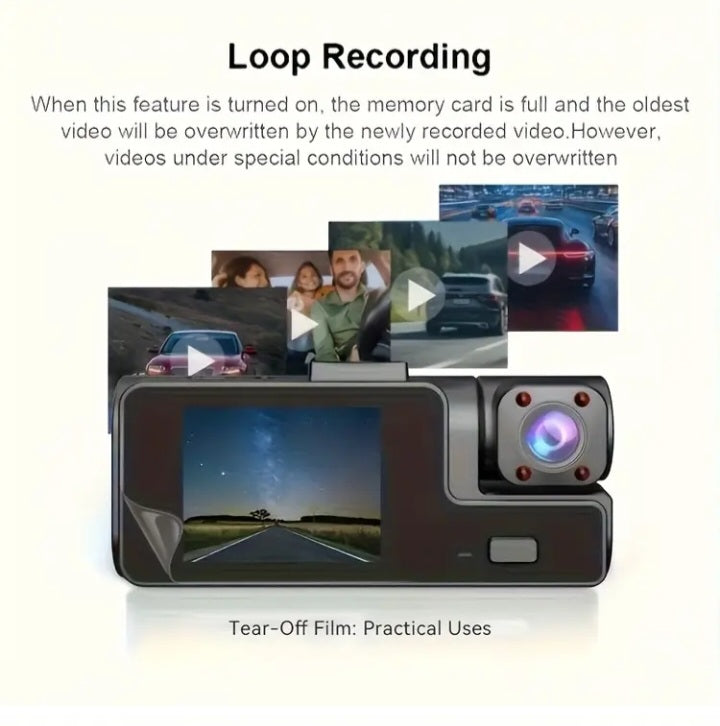 Cámara Doble Lente 1080P 🚗🎥 – Visión Nocturna, G-Sensor, Grabación en Bucle, Monitoreo 24/7 y Rotación 360°