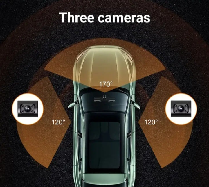 🚗 Triple Cámara HD para Máxima Cobertura 170° – Frontal + Trasera + Izquierda