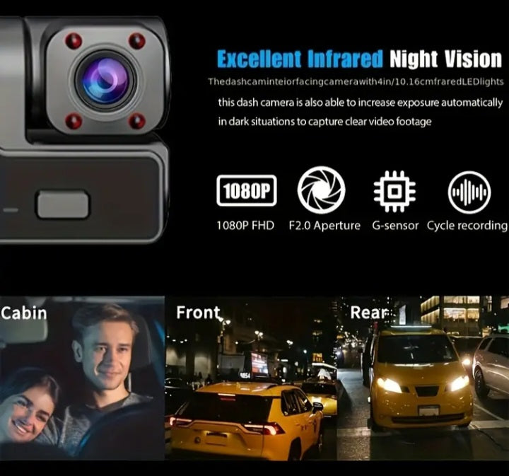 Cámara Doble Lente 1080P 🚗🎥 – Visión Nocturna, G-Sensor, Grabación en Bucle, Monitoreo 24/7 y Rotación 360°